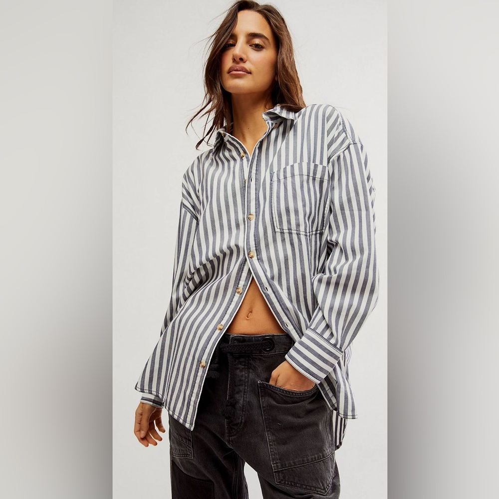 We The Free Gray and White Striped Button Down Shirt